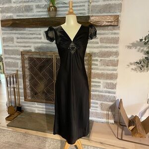 Elegant black satin look and lace detail slip dress